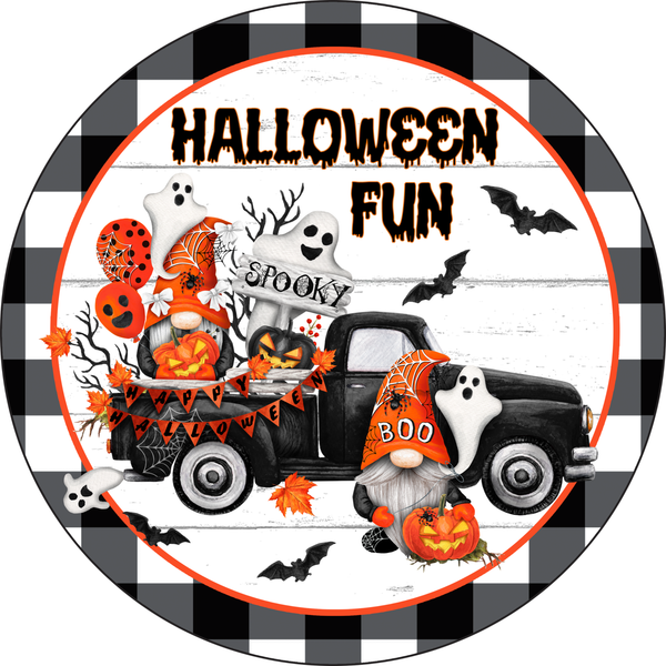 Halloween Fun Siign, Truck and Gnome Sign, Halloween Signs, Metal Round Wreath Sign, Craft Embellishment