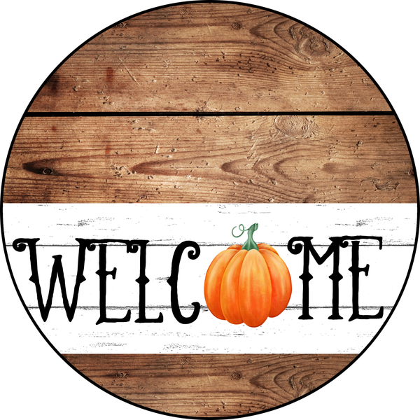 Welcome Pumpkin Sign, Fall Sign, Wood Style Sign, Metal Round Wreath Sign, Craft Embellishment