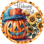 Welcome Fall Sign, Pumpkin Sign, Sunflowers Sign, Metal Round Wreath Sign, Craft Embellishment