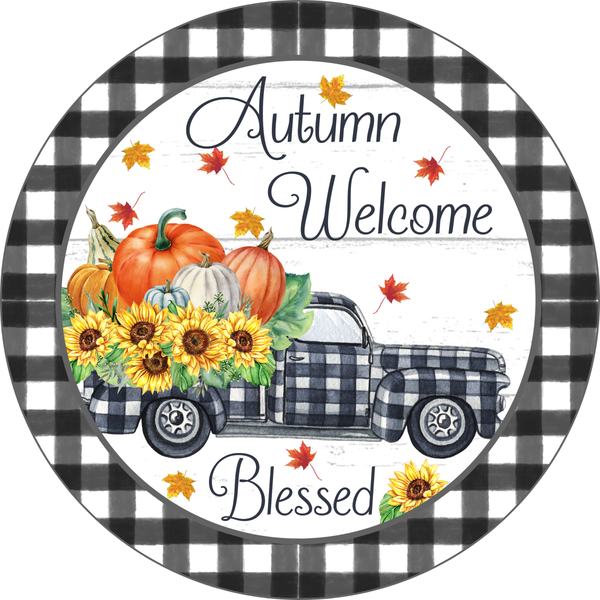 Autumn Welcome Blessed Sign, Fall Sign, Fall Pumpkin Sign, Metal Round Wreath Sign, Craft Embellishment