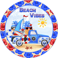 Beach Vibes Sign, Gnome Sign, Truck Decor, Summer Sign, Signs, Round Metal Wreath Sign, Craft Embellishment