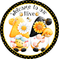 Welcome To Our Hive Sign, Bee Sign, Bee Gnomes Sign, Polka Dot Sign, Signs, Summer Sign, Home Decor, Metal Wreath Sign