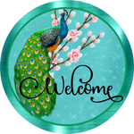 Blue Peacock Welcome Sign, Peacock Sign, Wreath Center, Metal Round Wreath Sign, Craft Embellishment