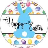 Happy Easter Sign, Blue Bunny Sign, Easter Egg Bunnies Signs, Front Door Wreath Sign, Round Metal Wreath Sign, Craft Embellishment