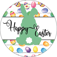 Happy Easter Sign, Green Bunny Sign, Easter Egg Bunnies Signs, Front Door Wreath Sign, Round Metal Wreath Sign, Craft Embellishment