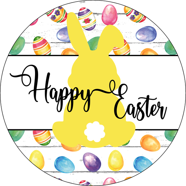 Happy Easter Sign, Yellow Bunny Sign, Easter Egg Bunnies Signs, Front Door Wreath Sign, Round Metal Wreath Sign, Craft Embellishment