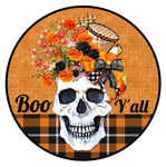 Boo Y'all Sign, Skull Sign, Halloween Sign, Metal Round Wreath Sign, Craft Embellishment