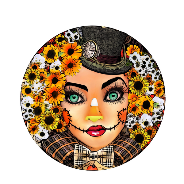 Scarecrow Girl Sign, Fall Sign, Mannequin Candy Corn Sign, Metal Round Wreath Sign, Craft Embellishment