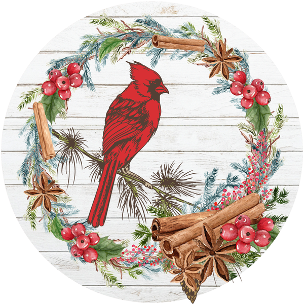 Cardinals Cinnamon Sign, Winter Sign, Holiday Sign, Christmas Decor, Metal Round Wreath Signs, Home Decor, Craft Embellishments