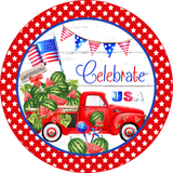 Celebrate USA Sign, Watermelon Sign, Red Truck Sign, Patriotic Sign, 4th of July Sign, Signs, Summer Sign, Home Decor, Metal Wreath Sign