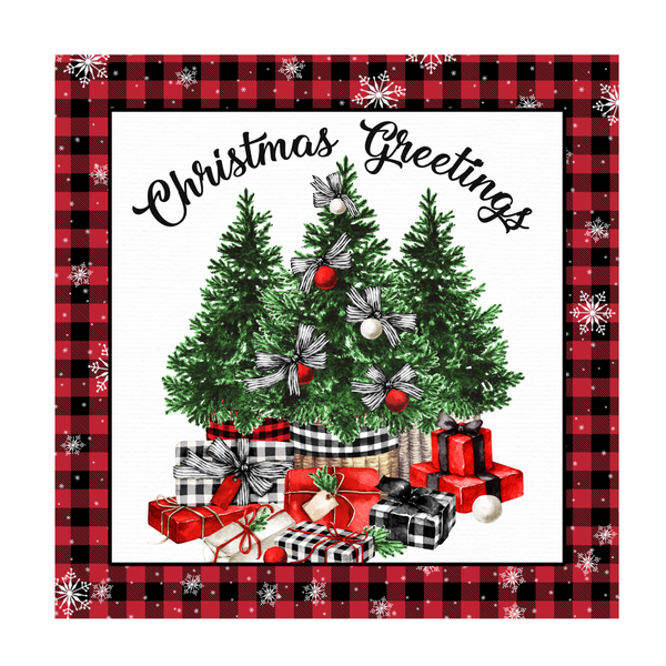 Christmas Greetings Sign, Winter Sign, Christmas Trees and Presents Sign, Metal Square Wreath Signs, Craft Embellishments