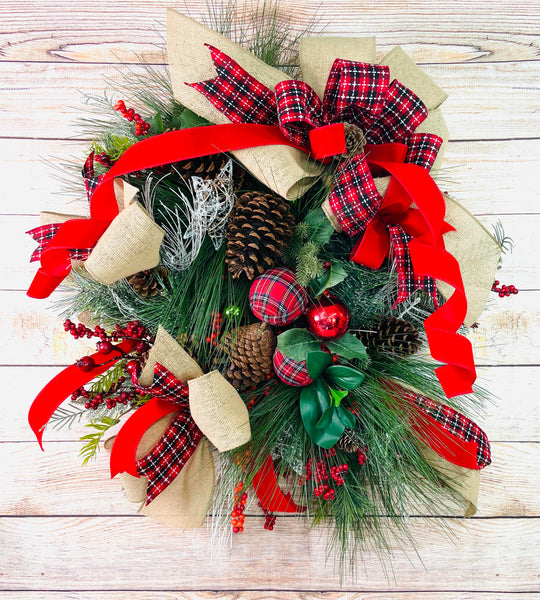 Christmas Wreath, Long Needle Pine Wreath, Rustic Tartan Christmas Wreath, Rustic Wreath