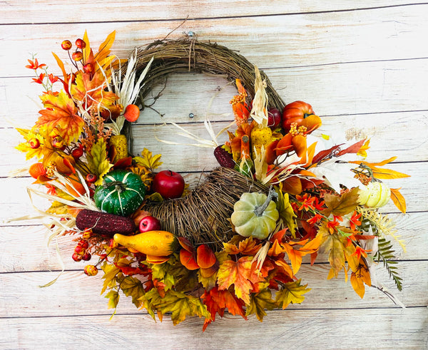 Cornucopia Wreath, Thanksgiving Wreath, Pumpkin and Leaves Wreath, Farmhouse Rustic, Country Style