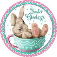 Easter Greetings Sign, Easter Cup Sign, Spring Bunny Signs, Front Door Wreath Sign, Round Metal Wreath Sign, Craft Embellishment