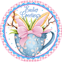 Easter Greetings Sign, Easter Cup Sign, Spring Bunny Signs, Front Door Wreath Sign, Round Metal Wreath Sign, Craft Embellishment