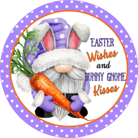 Easter Wishes and Bunny Gnome Kisses Sign, Easter Bunny Sign, Front Door Wreath Sign, Round Metal Wreath Sign