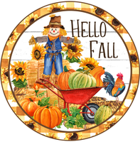 Hello Fall Sign, Fall Harvest Scarecrow Sign, Fall Sign, Metal Round Wreath Sign, Craft Embellishment