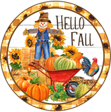 Hello Fall Sign, Fall Harvest Scarecrow Sign, Fall Sign, Metal Round Wreath Sign, Craft Embellishment