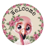 Flamingo Welcome Sign, Flamingo Sign, Everyday Sign, Year Round Sign, Round Metal Round Wreath Sign, Craft Embellishment