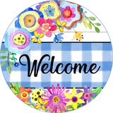 Welcome Sign, Flowers and Check Sign, Summer Sign, Farmhouse Sign, Signs, Everyday  Sign, Home Decor, Metal Round Wreath Sign
