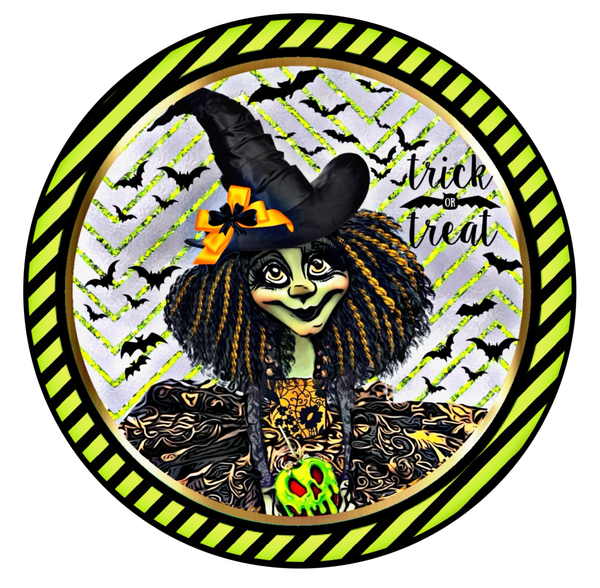 Green Witch Trick or Treat Sign, Witch Sign, Halloween Sign, Metal Round Wreath Sign, Craft Embellishment