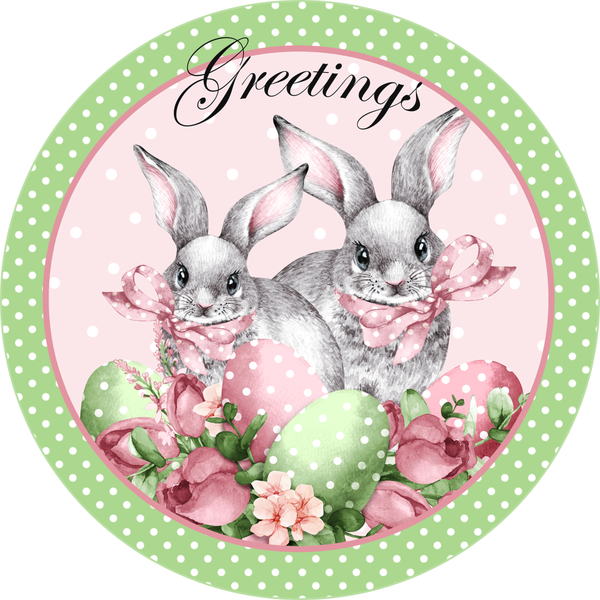 Greetings Sign, Easter Sign, Bunnies Sign, Easter Eggs Signs, Round Metal Wreath Sign, Craft Embellishment