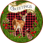 Greetings Sign, Deer Sign, Winter Sign, Holiday Sign, Buffalo Check Sign, Christmas Decor, Metal Round Wreath Signs, Home Decor, Craft Embellishments