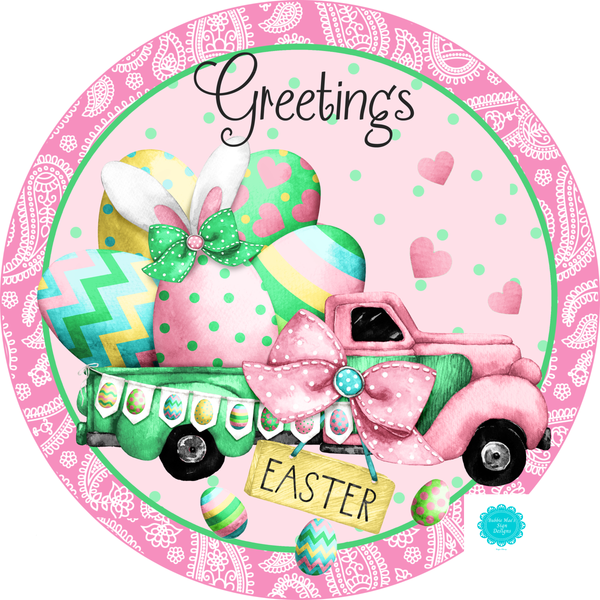 Greetings Sign, Easter Egg Sign, Spring Truck Signs, Front Door Wreath Sign, Round Metal Wreath Sign, Craft Embellishment