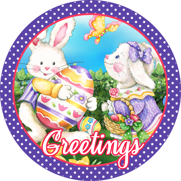 Easter Greetings Sign, Easter Egg Sign, Boy and Girl Bunnies Signs, Front Door Wreath Sign, Round Metal Wreath Sign, Craft Embellishment