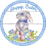 Happy Easter Sign, Easter Blue Bunny Sign, Easter Spring Signs, Front Door Wreath Sign, Round Metal Wreath Sign, Craft Embellishment