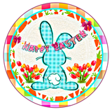 Happy Easter Sign, Easter Blue Check Bunny Face Sign, Easter Spring Signs, Front Door Wreath Sign, Round Metal Wreath Sign, Craft Embellishment