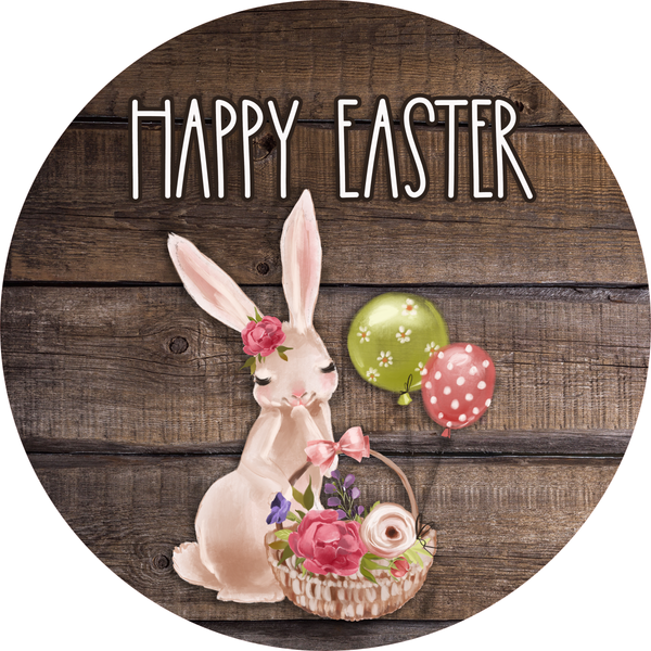 Happy Easter Sign, Easter Bunny Balloons Sign, Easter Spring Signs, Front Door Wreath Sign, Round Metal Wreath Sign, Craft Embellishment