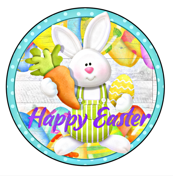 Happy Easter Sign, Easter Bunny Sign, Easter Carrot and Eggs Sign, Front Door Wreath Sign, Round Metal Wreath Sign, Craft Embellishment