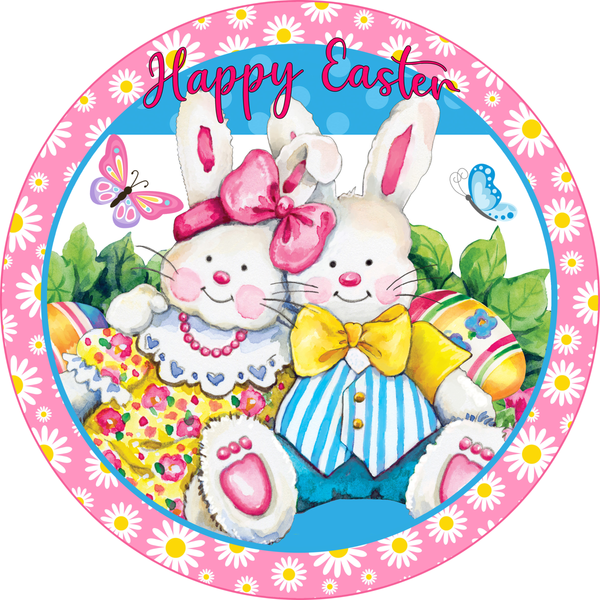 Happy Easter Sign, Easter Bunny Couple Sign, Spring Daisies Signs, Front Door Wreath Sign, Round Metal Wreath Sign, Craft Embellishment