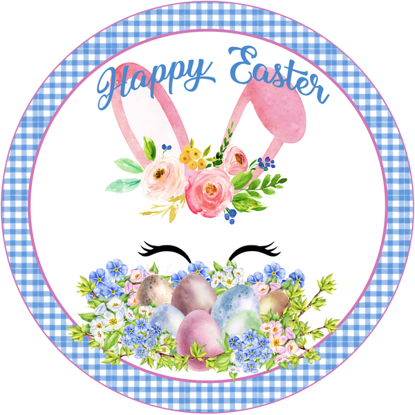 Happy Easter Sign, Easter Blue Bunny Face Sign, Easter Spring Signs, Front Door Wreath Sign, Round Metal Wreath Sign, Craft Embellishment