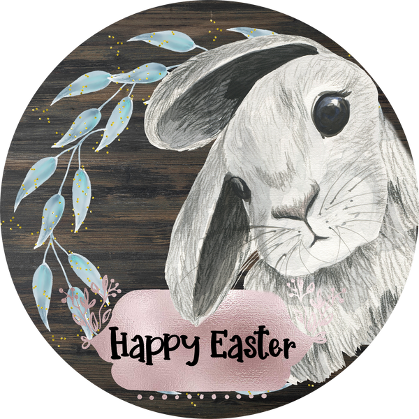 Happy Easter Sign, Easter Bunny Face Sign, Grey Bunny Face, Easter Spring Signs, Front Door Wreath Sign, Round Metal Wreath Sign, Craft Embellishment