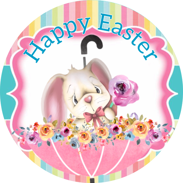 Happy Easter Sign, Easter Bunny Umbrella Sign, Easter Sign, Easter Spring Signs, Front Door Wreath Sign, Round Metal Wreath Sign, Craft Embellishment