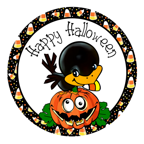Happy Halloween Sign, Crow and Pumpkin Sign, Halloween Sign, Metal Round Wreath Sign, Craft Embellishment