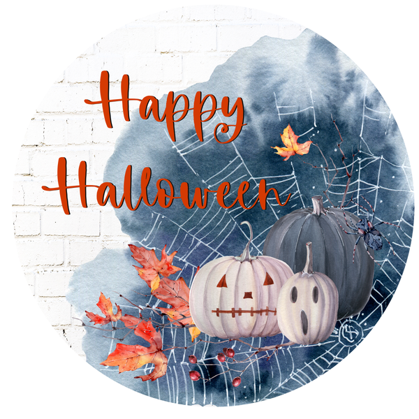 Happy Halloween Sign, Spider Web  Sign, Pumpkin Signs, Metal Round Wreath Sign, Craft Embellishment