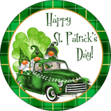 Happy St. Patricks Day Sign, Shamrocks Gnomes and Truck Signs, Metal Round Wreath, Wreath Center, Craft Embellishments