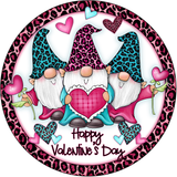 Happy Valentine's Day Sign, Gnome Sign, Pink Leopard Sign, Metal Round Wreath Sign, Craft Embellishment