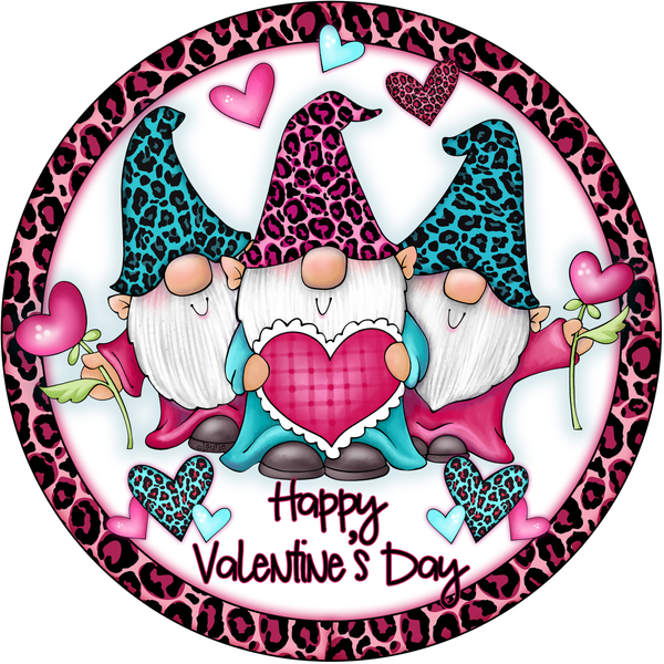 Happy Valentine's Day Sign, Gnome Sign, Pink Leopard Sign, Metal Round Wreath Sign, Craft Embellishment