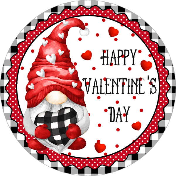 Happy Valentine Day Sign, Valentines Gnome Sign, Black and White Check Hearts Sign, Metal Round Wreath Sign, Craft Embellishment