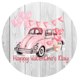 Happy Valentine's Day Sign, Valentines Sign, Pink Bug Car Sign, Heart Sign, Metal Round Wreath Sign, Craft Embellishment