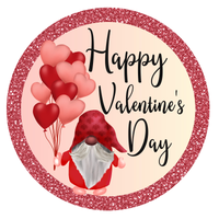 Happy Valentine's Day Sign, Gnome Sign, Hearts Sign, Metal Round Wreath Sign, Craft Embellishment