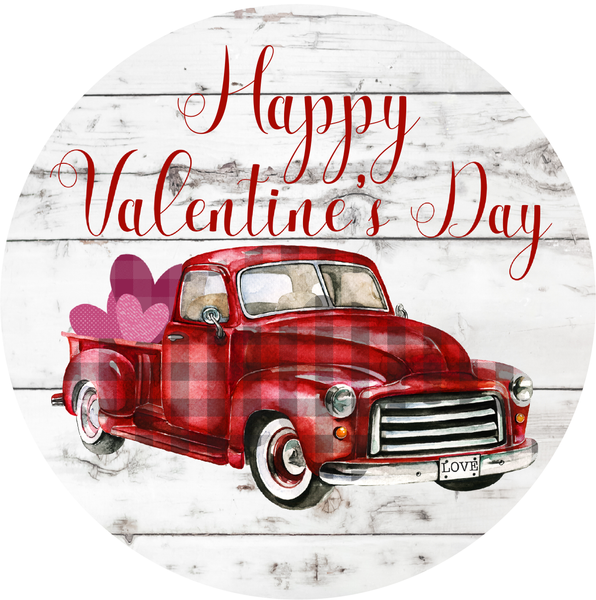 Happy Valentine's Day Sign, Red Truck Sign, Heart Sign, Metal Round Wreath Sign, Craft Embellishment