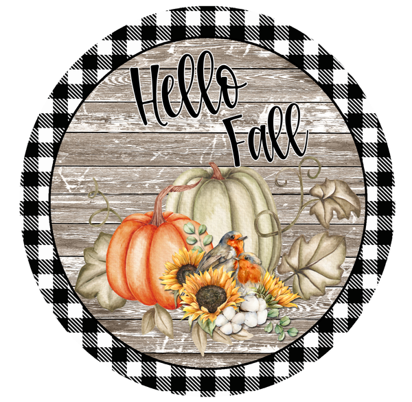 Hello Fall Sign, Buffalo Check Sign, Fall Pumpkin Sign, Metal Round Wreath Sign, Craft Embellishment
