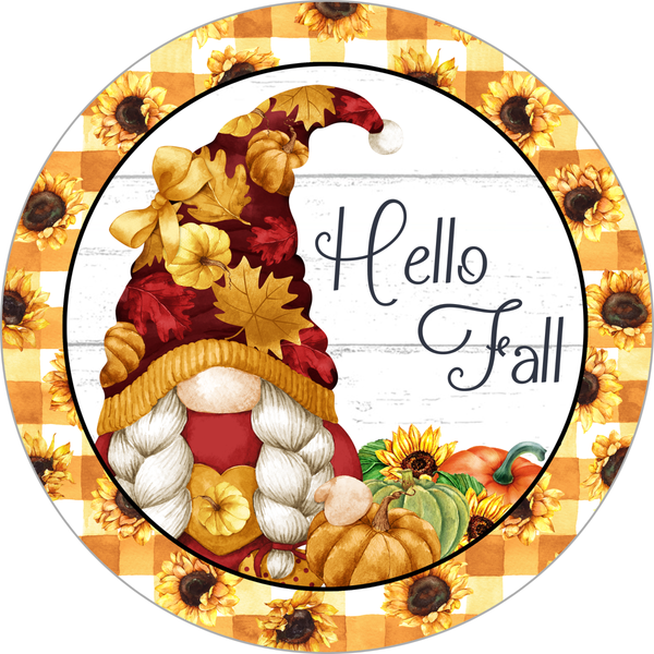 Hello Fall Sign, Fall Sign, Fall Gnome Pumpkin Sign, Metal Round Wreath Sign, Craft Embellishment