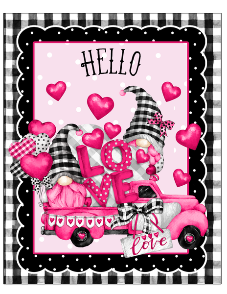 Hello Love Valentine Sign,Gnome Truck Hearts Sign, Black Check Sign, Metal Square Wreath Sign, Craft Embellishment