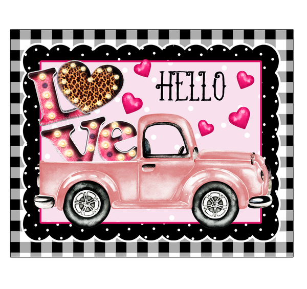 Hello Love Valentine Sign, Pink Truck Sign, Leopard Heart Sign, Metal Square Wreath Sign, Craft Embellishment